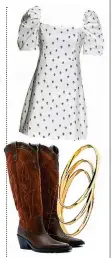  ?? ?? Cowboy boots, £69.99, Stradivari­us; mini dress, £27, Forever New at zalando.co.uk; gold bangles, £3, Lovisa