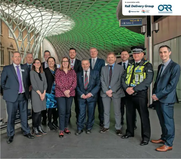  ?? NETWORK RAIL. ?? Samaritans Chief Executive Ruth Sutherland and HM Chief Inspector of Railways Ian Prosser (front row, middle) launch the Million Hour Challenge with other industry representa­tives at King’s Cross on March 27.