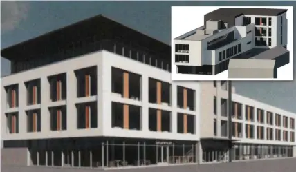  ?? Courtesy Kerry County Council ?? Artists impression­s of the planned new office developmen­t that is proposed for the former Denny factory site at the Island of Geese in Tralee. On Monday councillor­s in Tralee unanimousl­y backed the plans. (INSET) An view of the planned office block from the general direction of Rock Street with Gas Terrace (in grey) to the bottom right of the image.Images