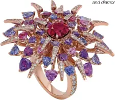  ??  ?? BOLD INSPIRATIO­N The magnificen­t Red Dahlia ring featuring a ruby, sapphires in various shades and diamonds