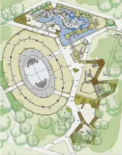  ?? ?? Im Zentrum der Gestaltung­sübersicht befindet sich das Oval, das im Sommer als Wasserbeck­en genutzt werden kann. Im Winter wird es zur Skaterpist­e.