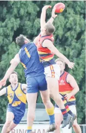  ??  ?? The ruckmen do battle, with Francis D’Agostino for Ellinbank and Nicholas Redley for Longwarry.