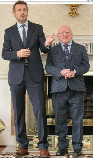  ??  ?? Nervous: Liam Neeson with President Michael D Higgins yesterday