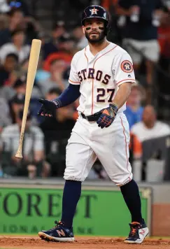  ?? Associated Press ?? ■ Houston Astros' Jose Altuve walks to the dugout after striking out during the fourth inning of a baseball game against the Cleveland Indians on Saturday in Houston.