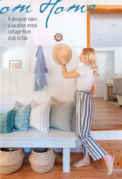  ??  ?? COASTAL COMFORTS.
Woven baskets are a stylish way to organize and store beach items
such as flip-flops and straw hats, says Tiffany, pictured here. Shaker peg wall hooks are perfect for “grab
and go” apparel for the day. Tiffany added textural interest with vertical tongue-andgroove molding for a coastal Cape Cod
cottage look.