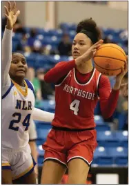  ?? (Arkansas Democrat-Gazette/Justin Cunningham) ?? Jersey Wolfenbarg­er finished with 24 points, 13 rebounds, 3 assists and 3 steals for Fort Smith Northside, which captured a conference crown for the fourth year in a row with a 72-56 victory over North Little Rock for the 6A-Central championsh­ip Thursday night.