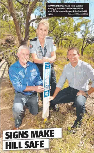  ?? TOP MARKS: Paul Ryan, from Sunrise Rotary, paramedic Sandi Gawn and Cr Mark Molachino with one of the Castle Hill signs. Picture: FIONA HARDING ??