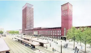  ??  ?? So könnte der Bahnhof mit neuem Hochhaus einmal aussehen. Was dort hineinkönn­te, weiß die Deutsche Bahn noch nicht genau. Über den Entwurf berät sie nun.