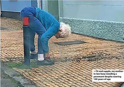  ?? ?? Fit and supple, my motherin-law busy weeding a pavement despite nearing 100 years of age