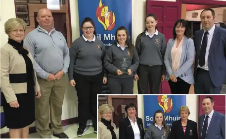  ??  ?? ABOVE: Golfing star Mairead Martin pictured at a reception in her honour at Scoil Mhuire Kanturk with her parents Brendan and Karen, sisters Cliodhna and Áine, Miriam Downey (principal) and Denis Keating (deputy principal).