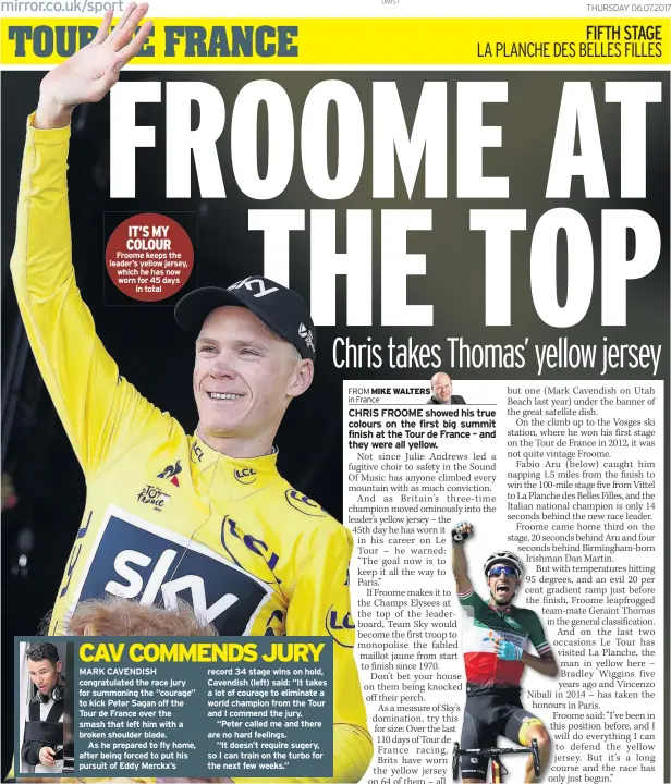  ??  ?? IT’S MY COLOUR Froome keeps the leader’s yellow jersey, which he has now worn for 45 days in total