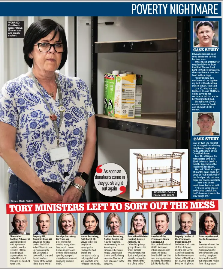  ?? ?? WORRIED: Food bank helper Dawn Emmerson and empty shelves
As soon as donations come in they go straight
out again