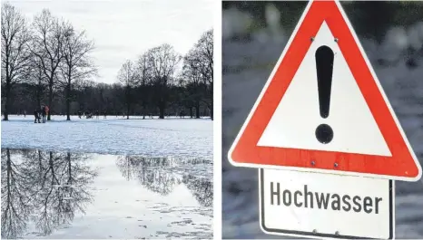  ?? FOTOS: KATRIN REQUADT, STEFAN PUCHNER/JEWEILS DPA ?? Wenn Dauerregen auf schmelzend­e Schneemass­en trifft, ergibt das Hochwasser­gefahr.