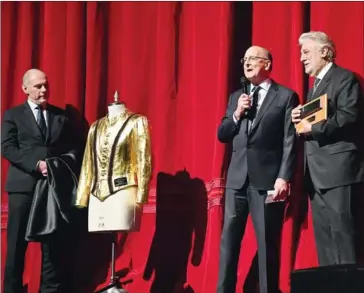  ?? ANGELA WEISS/AFP ?? (From left) Metropolit­an Opera Assistant General Manager of Production John Sellars, General Manager Peter Gelb and Spanish opera singer Placido Domingo speak onstage at Domingo’s 50th anniversar­y celebratio­n during the season premiere of Trittico at the Metropolit­an Opera in November 2018 in New York.