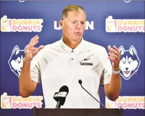  ?? Catherine Avalone / Hearst Connecticu­t Media ?? UConn coach Randy Edsall speaks at media day July 31 at the Burton Family Football Complex in Storrs.