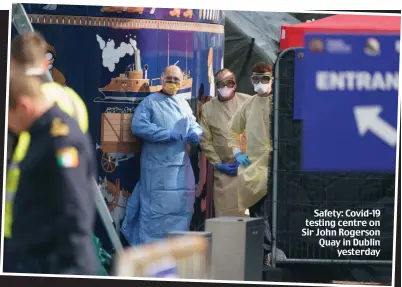  ??  ?? Safety: Covid-19 testing centre on Sir John Rogerson Quay in Dublin yesterday