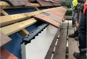  ??  ?? Above: Peter from Thames Valley Guttering Services prefers to fit the ventilatio­n at the fascia, rather than the soffit, so it’s more hidden and you get a really clean finish when you look up at the roof from ground level. Below left: Getting the box ends right is the trickiest detail of the roofline install – so be prepared to talk it through in detail with your contractor