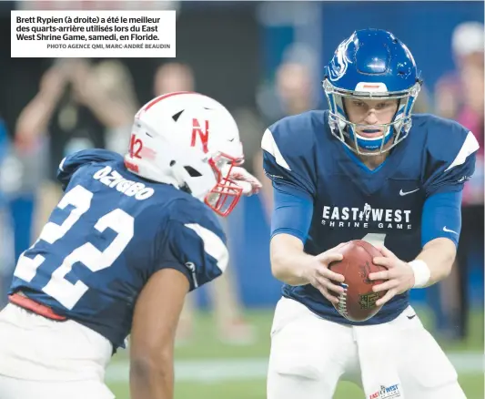  ?? PHOTO AGENCE QMI, MARC-ANDRÉ BEAUDIN ?? Brett Rypien (à droite) a été le meilleur des quarts-arrière utilisés lors du East West Shrine Game, samedi, en Floride.