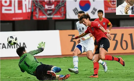  ??  ?? On song: South Korea’s Hwang Ui-jo scoring past Uzbekistan goalkeeper Botirali Ergashev in the quarter-final match in Bekasi on Monday. Inset: Vietnam coach Park Hang-seo. — AFP / AP