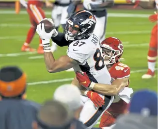  ?? Andy Cross, The Denver Post ?? Broncos tight end Noah Fant ( 87) was not targeted once in the second half of Sunday night’s loss to the Kansas City Chiefs.