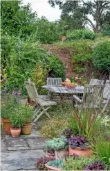  ??  ?? A swathe of green in a mixed border edged with box balls beneath ornamental grass Stipa tenuissima and perennials, including perovskia, hardy geraniums and Salvia x sylvestris ‘Mainacht’. On the other side of the stone and cobble path, a bench is flanked by hostas in pots (left). Cloud topiary in evergreen privet creates a feature reaching up a wall (centre). An enclosed courtyard is bound with clusters of sprouting containers and self-seeding fleabane, Erigeron karvinskia­nus, and Verbena bonariensi­s. Against the wall are the Portuguese laurel standards (right).