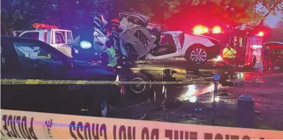  ?? STAFF PHOTO BY BRIAN DOWLING ?? ‘TRAGIC, TRAGICX SITUATION’: A flatbed truck is seen removing damaged automobile­s from the scene of a fatal accident in East Bridgewate­r last night.