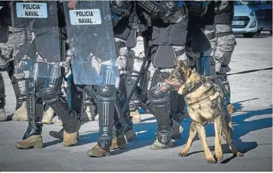  ?? JULIO GONZÁLEZ. ?? Otro equipo canino se adiestra para actuar ante una masa descontrol­ada frente a un cuartel.