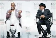  ?? AP Photo ?? Former heavyweigh­t boxer Mike Tyson and director Spike Lee discuss " Mike Tyson: Undisputed Truth," a one man show on Broadway starring Mike Tyson, in New York.