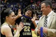  ?? KIRK NEIDERMYER - FOR DIGITAL FIRST MEDIA ?? Berks Catholic’s Dejah Terrell celebrates after receiving her medal following the BCIAA Girls Basketball Championsh­ip at Santander Arena in Reading on Wednesday, February 14.