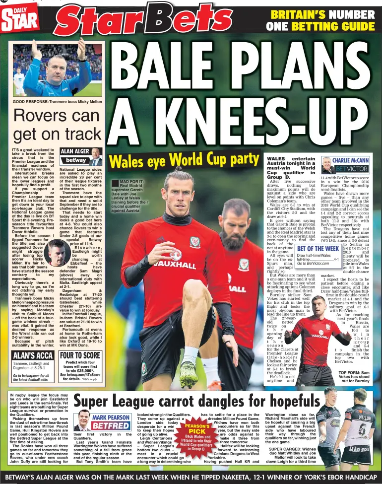  ??  ?? Saturday, September 2, 2017 GOOD RESPONSE: Tranmere boss Micky Mellon MAD FOR IT: Real Madrid superstar Gareth Bale with Joe Ledley at Wales training before their crucial qualifier against Austria their first victory in the Qualifiers.
Last year’s...