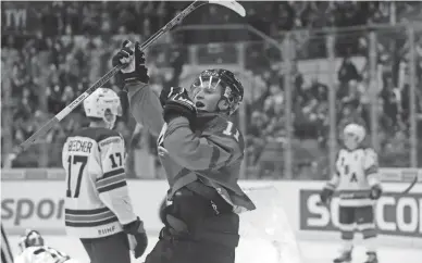  ?? PETR DAVID JOSEK/AP ?? Canada’s Alexis Lafreniere celebrates after scoring against the United States in the U20 Ice Hockey Worlds on Dec. 26, 2019. Lafreniere was selected by the Rangers with the No. 1 pick in the NHL draft.