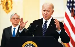  ?? DOUG MILLS/THE NEW YORK TIMES ?? President Joe Biden speaks about gun violence and crime prevention Wednesday at the White House. Also seen is Attorney General Merrick Garland.