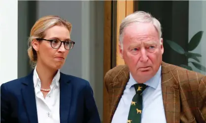  ??  ?? Alice Weidel, left, and Alexander Gauland of the AfD party. A leaked email from Weidel echoed the rhetoric of the rightwing extremist Reichsbürg­ermovement. Photograph: Fabrizio Bensch/Reuters