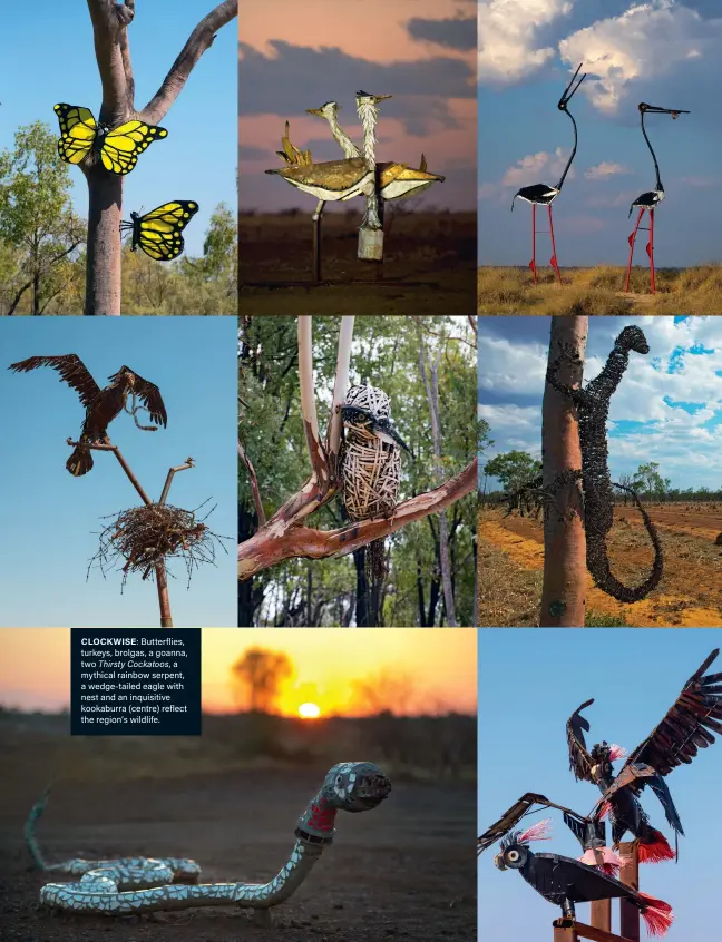  ??  ?? CLOCKWISE: Butterflie­s, turkeys, brolgas, a goanna, two Thirsty Cockatoos, a mythical rainbow serpent, a wedge-tailed eagle with nest and an inquisitiv­e kookaburra (centre) reflect the region’s wildlife.