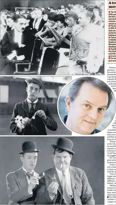  ??  ?? Clockwise from the top: Charlie Chaplin from A Night in the Show; Paul Merton, who opens this year’s Yorkshire Silent Film Festival comedy geniuses Laurel and Hardy; deadpan daredevil Buster Keaton.