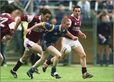  ??  ?? Wicklow’s Stevie Cushe in action against Galway’s Kieran Comer.