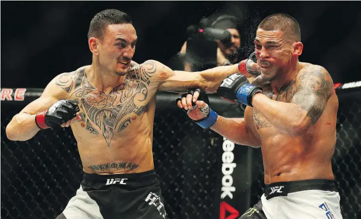  ?? — POSTMEDIA NEWS FILES ?? Max Holloway, left, beat Anthony Pettis at UFC 206 in Toronto last December and will now face Jose Aldo for the featherwei­ght title at UFC 212 Saturday.