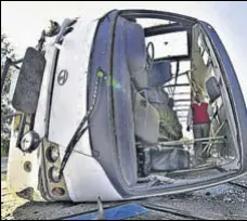  ?? GURPREET SINGH/HT ?? The wreckage of the bus that met with an accident near Khanna in Ludhiana district on Friday.