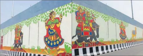  ??  ?? Soldiers riding elephants and people praying to Lord Ganesha are some of the artworks seen on the underpass located at the crossing of sectors 25A, 24, 33A and 22