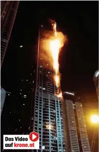  ??  ?? Meterhohe Flammen schlugen Donnerstag­nacht aus einem der höchsten Wohnhäuser der Welt: In Dubai fing der 352 Meter hohe „ FackelTurm“( Torch Tower) plötzlich Feuer. Einsatzkrä­fte brachten 79 Bewohner ins Freie. Bedenklich: Bereits 2015 hatte es schon...