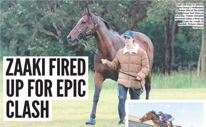  ?? ?? Zaaki will look to defend its Group 2 Hollindale Stakes title at the Gold Coast Turf Club on Saturday. Trainer Annabel Neasham takes a fired up Zaaki for a walk at Bundall. Picture: Glenn Hampson