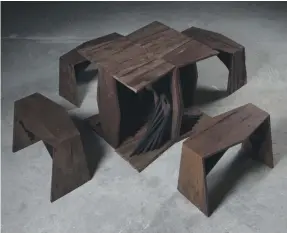  ?? Photos Albara Osama Saimaldaha­r ?? Albara Osama Saimaldaha­r, top, developed the concept of Qaws, above, from the idea of a stool in dialogue with a table