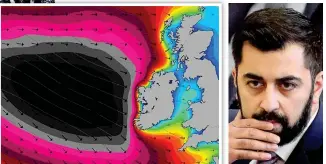  ??  ?? Battering: Storm Fionn whips up the sea as it heads towards UK and Ireland. Right, Humza Yousaf at Holyrood yesterday