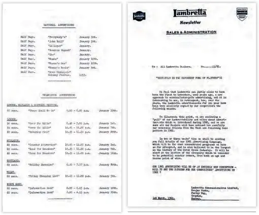  ??  ?? Lambretta Concession­aires began advertisin­g the Lambretta on television i n the 1950s at great expense to gain maximum exposure.
Fed up of rivals stealing their campaigns, the ‘Lambrettab­ility’ ad campaign was launched and, as the letter explains, targeted “our venerable friends in the West”, meaning Douglas in Bristol.