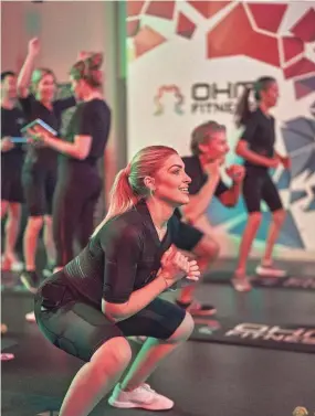  ?? PROVIDED BY OHM FITNESS ?? At OHM Fitness, class participan­ts wear the EMPower Bodysuit, which allows full range of motion so squat jacks, side planks and other moves that require movement and flexibilit­y aren’t hampered.