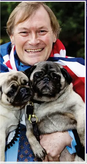  ?? ?? BEST OF BRITISH: Sir David, above, with his dogs Lilly and Beau. Below left: Winning Basildon for the second time in 1987. Far left: Just weeks ago with wife Julia at daughter Alexandra’s wedding with their other daughters as bridesmaid­s