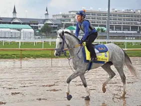  ?? JAMIE RHODES/USA TODAY SPORTS ?? Saffie Joseph Jr. has a legitimate chance this week to win the Kentucky Derby with the striking grey colt White Abarrio, shown working out with an exercise rider at Churchill Downs. White Abarrio has won four of five lifetime starts, including the Florida Derby in April.