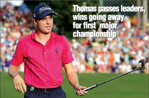 ?? AP/CHRIS O’MEARA ?? Justin Thomas, who was two shots off the pace after three rounds, shot a 3-under 68 for a four-day total of 8-under 276 and a two-stroke victory over Francesco Molinari, Louis Oosthuizen and Patrick Reed on Sunday in the PGA Championsh­ip at Quail...