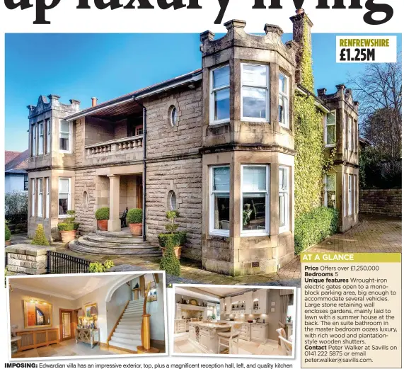  ??  ?? IMPOSING: Edwardian villa has an impressive exterior, top, plus a magnificen­t reception hall, left, and quality kitchen