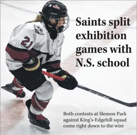  ?? JASON SIMMONDS/JOURNAL PIONEER ?? Ally Stymiest of the Mount Academy Saints carries the puck during against King’s-Edgehill of Windsor, N.S., at The Plex in Slemon Park on Saturday. King’sEdgehill prevailed 3-2 to earn a split in a pair of exhibition female hockey games.